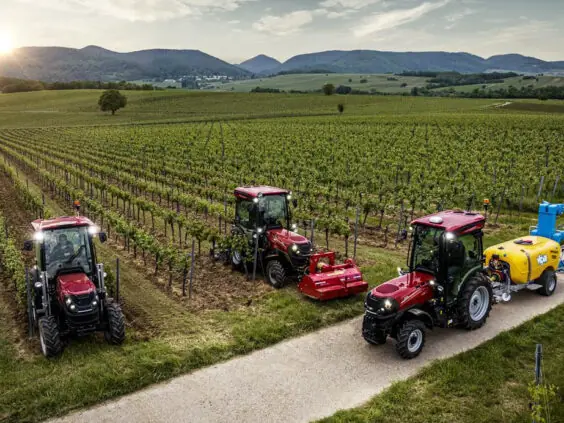 Tre Case IH Quantum i arbeid i en vingård