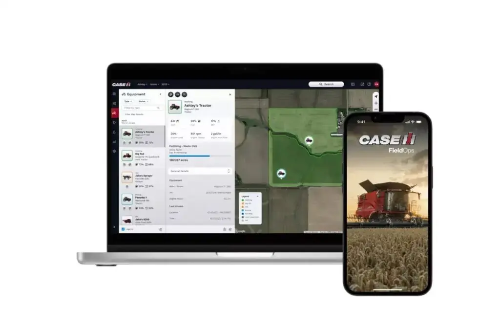 Case IH FieldOps-skjermer som viser data for en Steiger 785 Quadtrac traktor.
