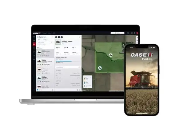 Case IH FieldOps-skjermer som viser data for en Steiger 785 Quadtrac traktor.