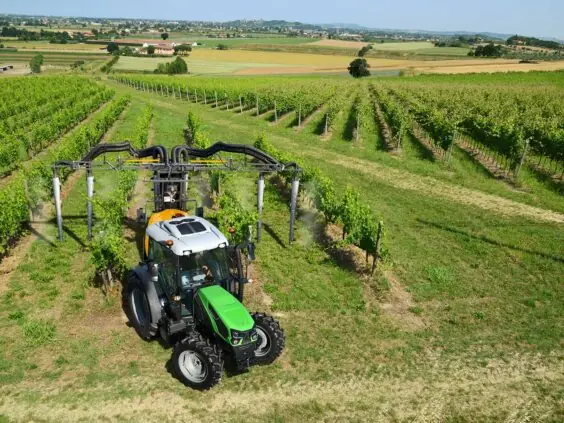 En grønn Deutz-Fahr Series 5D traktor som sprøyter vinranker i en stor vingård.
