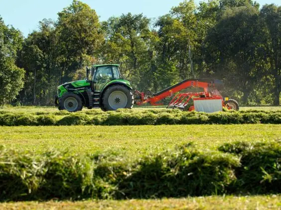 Grønn Deutz-Fahr Series 6 traktor i arbeid på en gresskledd åker med skog i bakgrunnen.