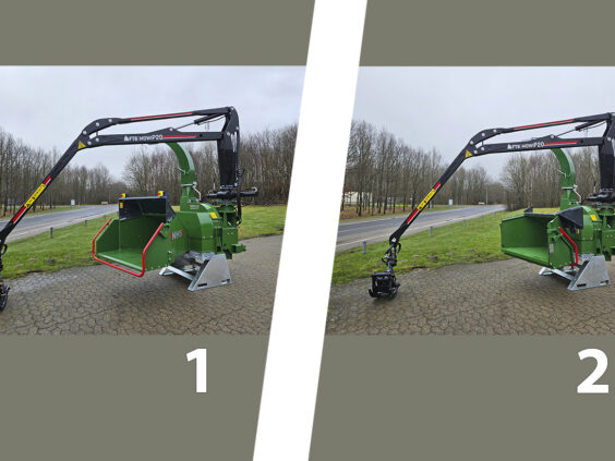 To bilder som viser NHS 220i Chameleon (kombi) flishugger med kran i to innstillinger.