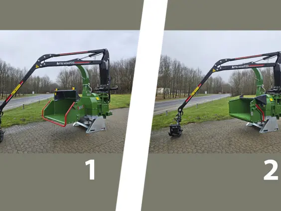 To bilder som viser NHS 220i Chameleon (kombi) flishugger med kran i to innstillinger.