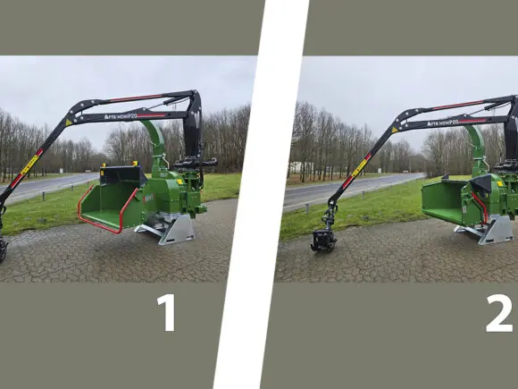 To bilder som viser NHS 220i Chameleon (kombi) flishugger med kran i to innstillinger.