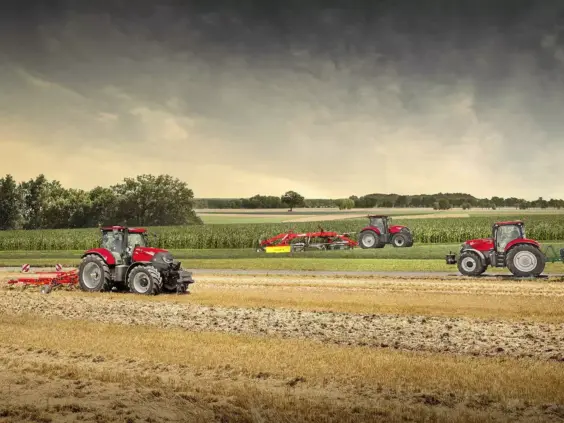 Tre røde Case IH-traktorer fra Puma-serien i arbeid på en åker under en dramatisk himmel.