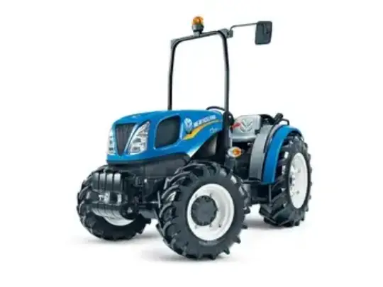 Blå New Holland T3.55F kompakt traktor med veltebøyle og store hjul på hvit bakgrunn.