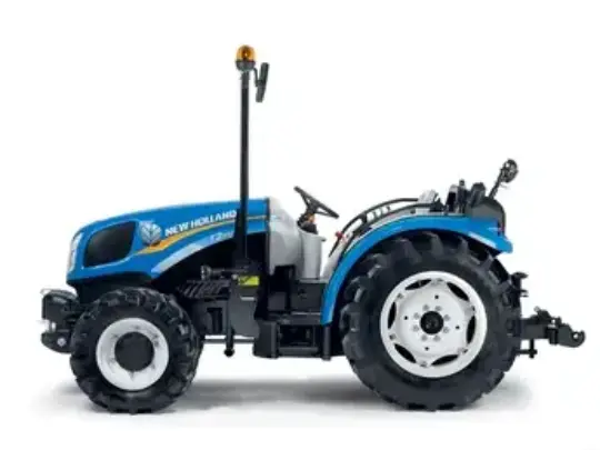 Blå New Holland T3.75F traktor for frukthager og vingårder sett fra siden.