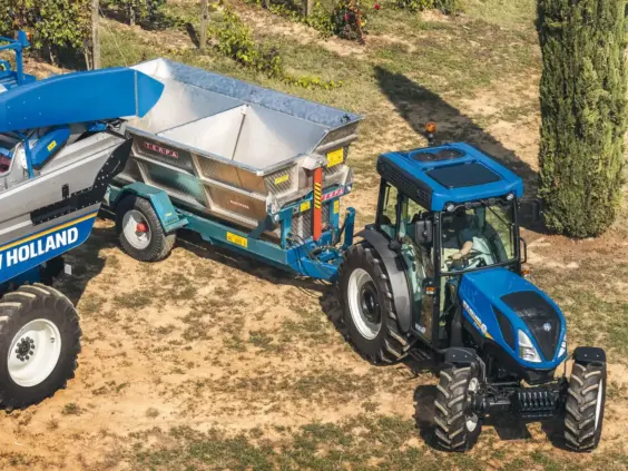 En blå New Holland T4 traktor som trekker en tilhenger i en solfylt vingård.