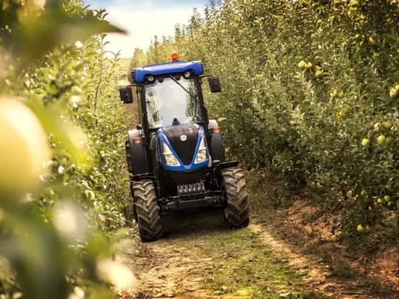 Blå New Holland T4 traktor som kjører gjennom en frodig eplehage med modne epler.