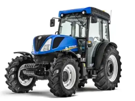 Blå New Holland T4.110F traktor for frukthage og vingård mot en hvit bakgrunn.