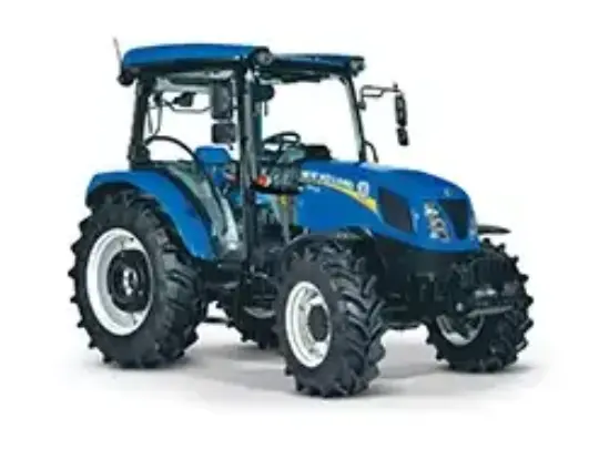 Blå New Holland T4.75S traktor sett forfra mot en hvit bakgrunn.