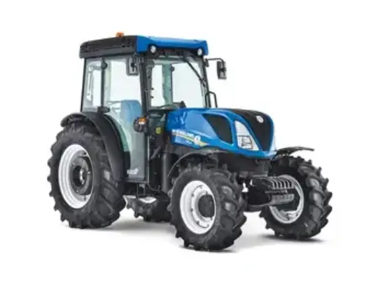 Blå New Holland T4.90F traktor for frukthage og vingård på hvit bakgrunn.