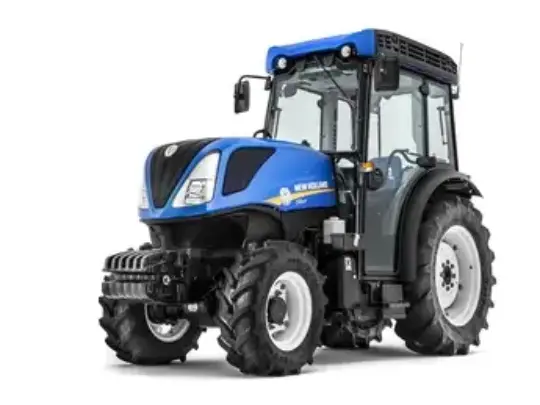 Blå New Holland T4.90V traktor for landbruk og frukthager på hvit bakgrunn.