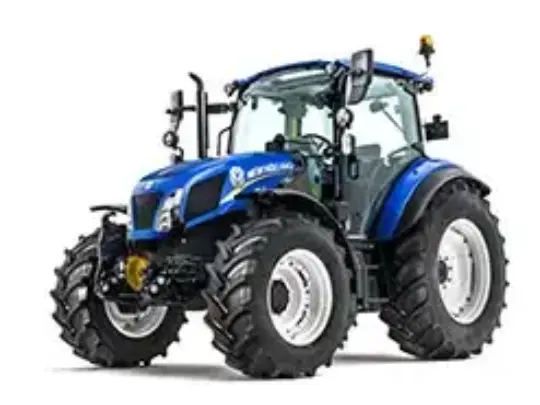 Blå New Holland T5.100 Dual Command traktor vist på en hvit bakgrunn.