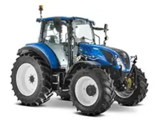 Moderne blå New Holland T5.100 traktor med store dekk og hvite felger.