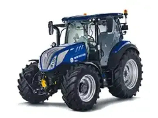 Blå New Holland T5.110 Auto Command traktor isolert på hvit bakgrunn.