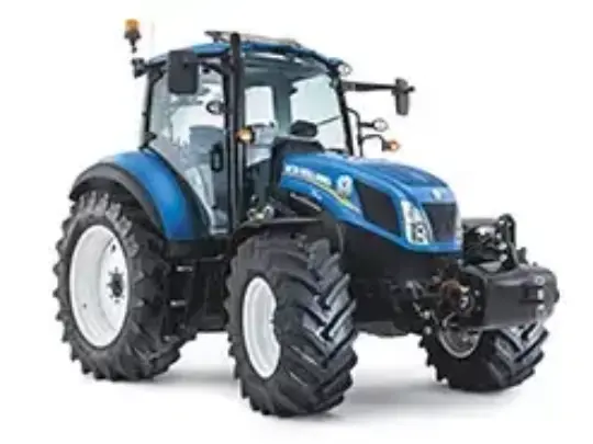 Blå New Holland T5.110 Dual Command traktor vist på hvit bakgrunn.