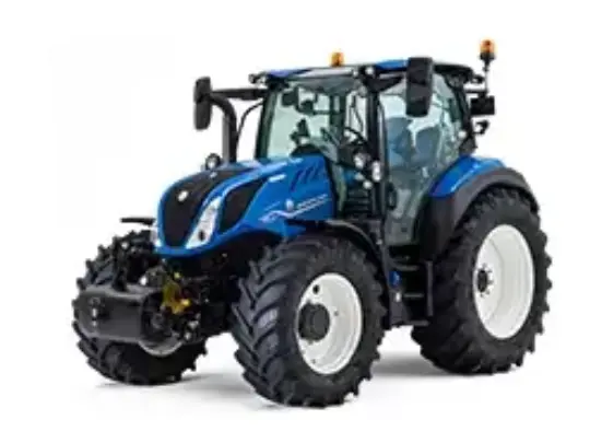 Blå New Holland T5.110 Dynamic Command traktor på hvit bakgrunn.