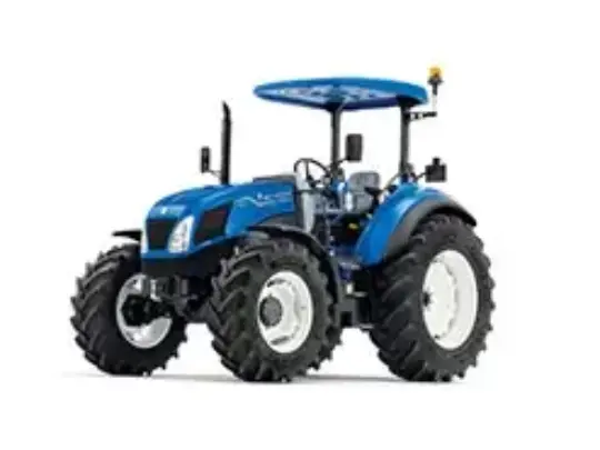 Blå New Holland T5.90 Dual Command traktor sett fra siden på hvit bakgrunn.