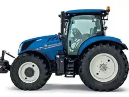 Sidevisning av en blå New Holland T6.175 traktor på hvit bakgrunn.