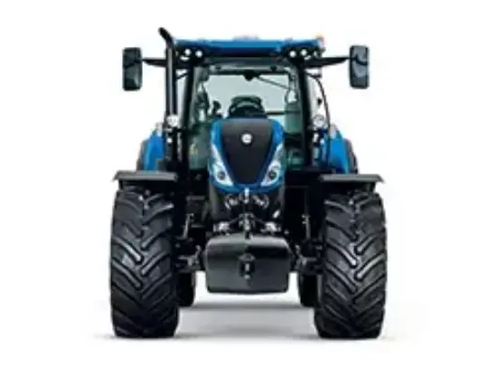 Frontal visning av en blå New Holland T7.175 SideWinder™ II traktor mot hvit bakgrunn.