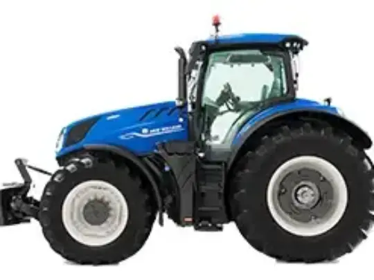 Blå New Holland T7.315 HD traktor profilvisning på hvit bakgrunn.