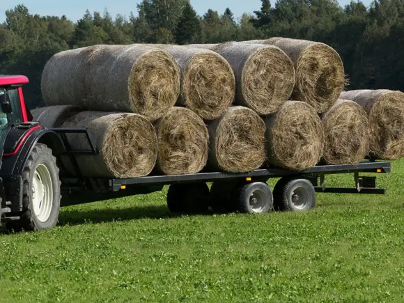 Palmse PT3650 ballhenger lastet med runde halmballer på en grønn åker bak en traktor.