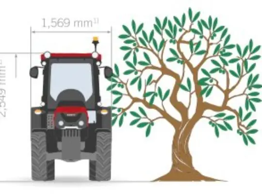Illustrasjon av en Quantum CL traktor som viser dimensjoner ved siden av et tre.