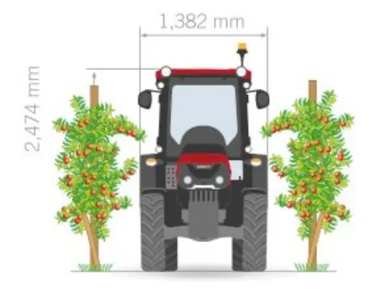Illustrasjon som viser dimensjonene til Case IH Quantum F traktor mellom frukttrær.