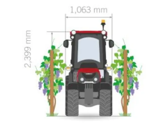 Illustrasjon av en rød Quantum V traktor mellom vinranker med oppgitte dimensjoner.