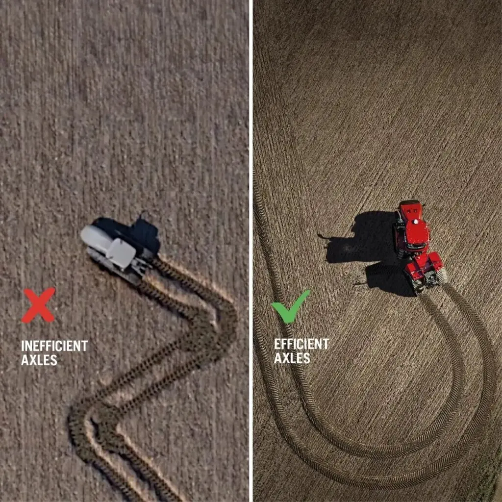 Sammenligning av svingradius for Steiger 785 Quadtrac med effektive aksler på en åker.