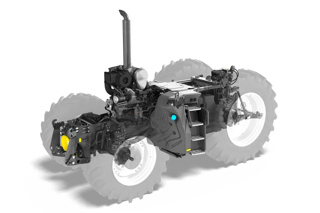 Chassiset i Steyr Terrus CVT med motor, drivlinje og aksler uten karosseri
