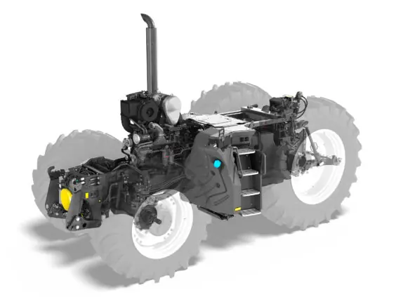 Chassiset i Steyr Terrus CVT med motor, drivlinje og aksler uten karosseri