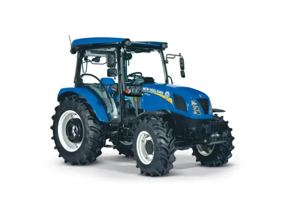 Blå New Holland T4S traktor med førerhus isolert på hvit bakgrunn.