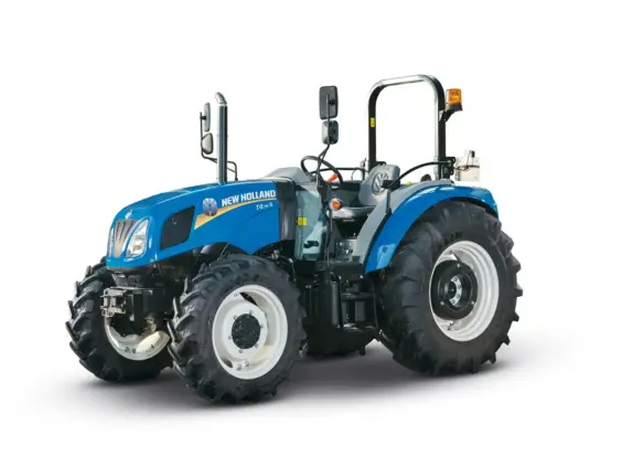 Blå New Holland T4S traktor uten førerhus vist mot en hvit bakgrunn.
