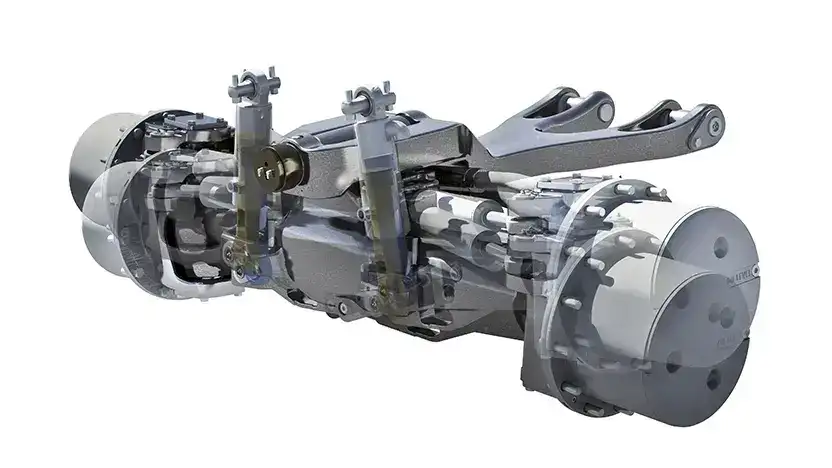 Detaljert mekanisk tegning av den avanserte frontakselen til New Holland T8 Genesis-traktoren.