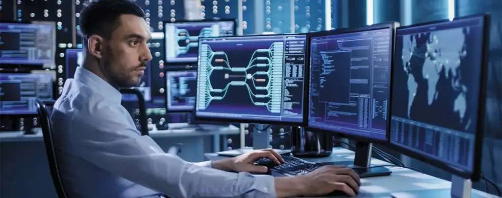 En IT-spesialist analyserer systemdata for New Holland T8 Genesis på flere dataskjermer.