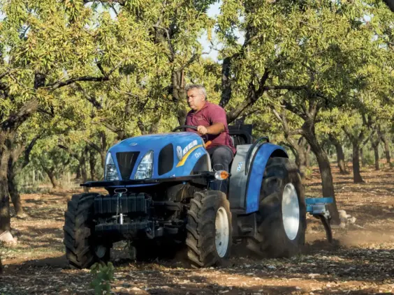 En blå New Holland traktor fra T3F-serien i arbeid mellom trærne i en frukthage.