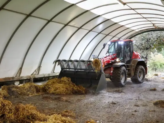 En rød Weidemann 9580T teleskopisk hjullaster som flytter halm i en plasthall.