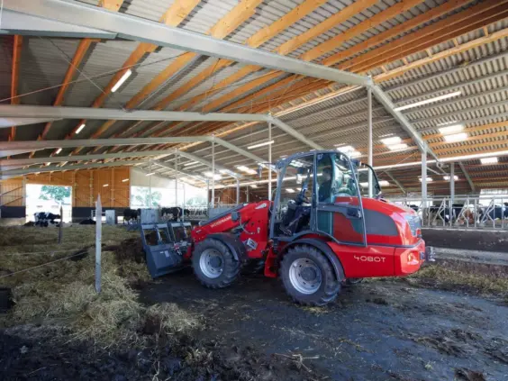 Rød Weidemann 4080T teleskopisk hjullaster i arbeid inne i et moderne fjøs.