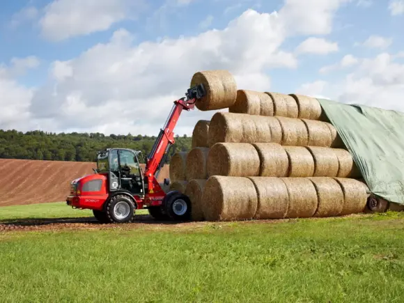 En rød Weidemann 3080T teleskopisk hjullaster som stabler runde halmballer på et jorde.