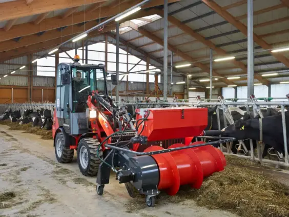 En rød Weidemann Hoftrac 1160 minilaster fordeler fôr til kuer i et moderne fjøs.