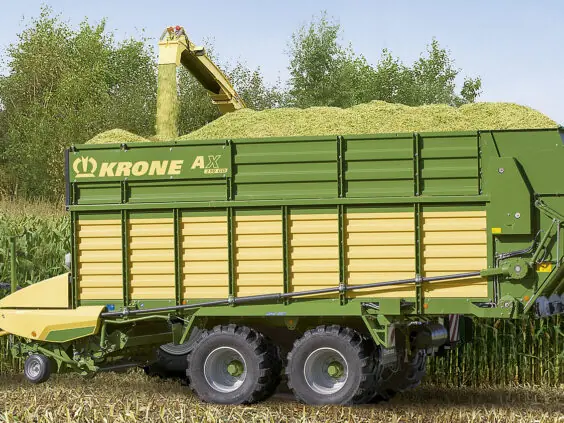 En grønn og gul KRONE AX lessevogn blir fylt med snittet mais på åkeren.