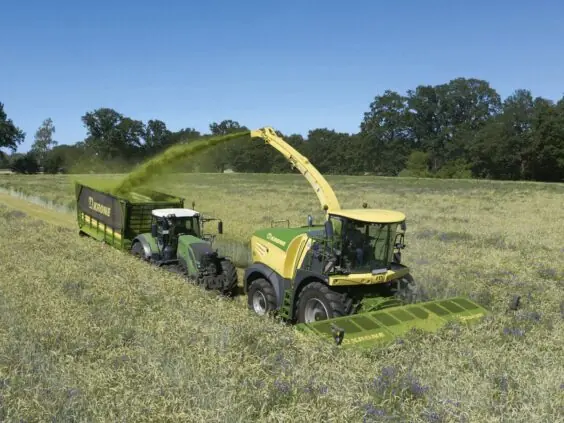 En KRONE BiG X 480-630 fôrhøster høster gress og overfører det til en tilhenger.