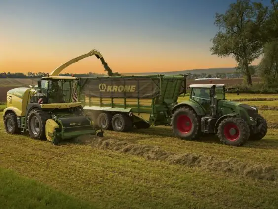 En gul KRONE BiG X 680-1180 fôrhøster som høster gress ved solnedgang.