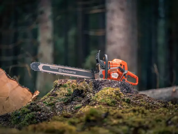 En oransje Husqvarna motorsag plassert på en mosegrodd trestubbe i en dyp skog.