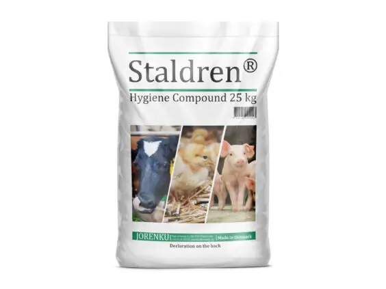 Staldren tørrdesinfeksjonsmiddel i 25 kg sekk.