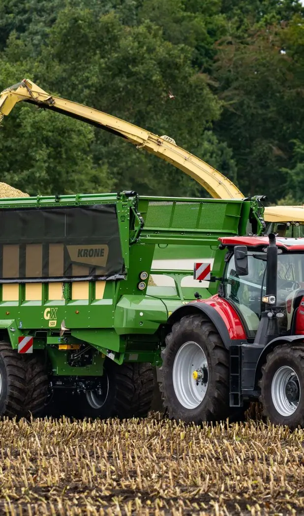 Case IH Puma 260 med KRONE GX 520 overlastvogn blir fylt med snittet mais fra en finsnitter på stubbåkeren