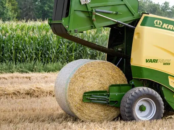 KRONE VariPack V 165 XC med åpen bakluke slipper en ferdig nettbundet halmball ut på stubbåkeren, med maisåker like bak