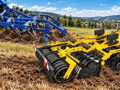 Blå stubbkultivator bak en traktor og gul skålharv med pakkevalse i arbeid på en stubbåker.